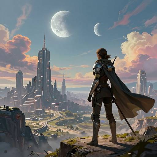 Digital artwork of a muscular, armored warrior with a long cape, standing on a cliff, overlooking a futuristic cityscape with twin moons in the sky.