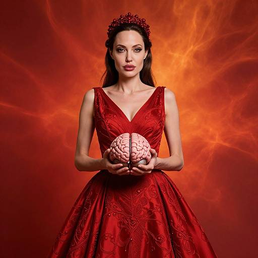 Photograph of a dark-haired woman in a red, ornate, V-neck gown holding a detailed brain, against a fiery orange background.
