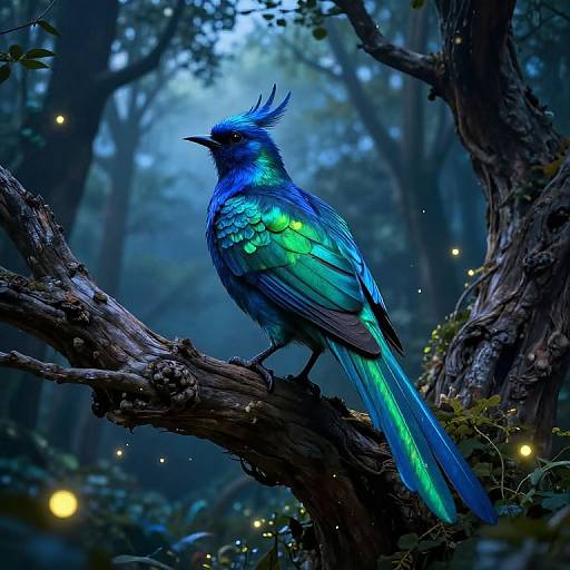 Digital artwork of a vibrant blue and green iridescent bird with feathered crest perched on a tree branch in a mystical, dark forest with glowing