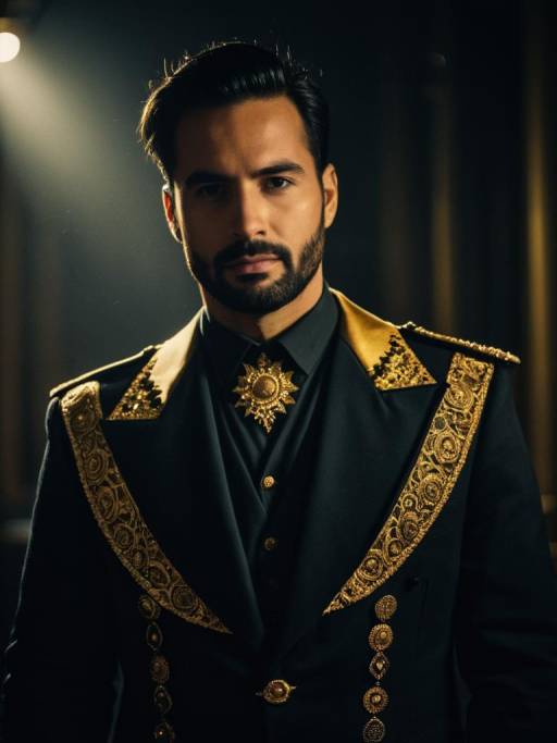 Man in Ornate Black and Gold Costume