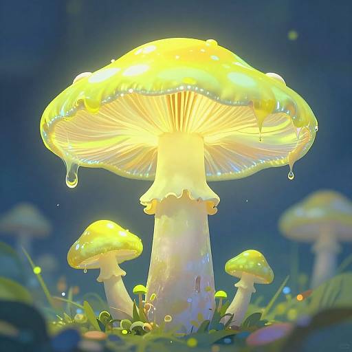 Photorealistic digital illustration of glowing, yellow-green mushrooms with dripping water, surrounded by blurred smaller mushrooms and glowing grass in a dark, mystical forest.