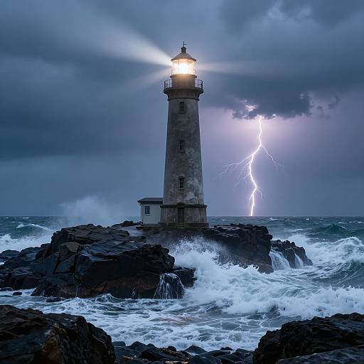 Photograph of a stormy seascape with a tall, illuminated lighthouse standing on rocky cliffs, lightning striking in the dark, cloudy sky, waves