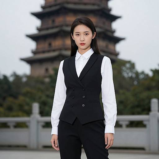 Photograph of an Asian woman with straight black hair, wearing a white shirt and black vest, standing in front of a blurred traditional Chinese pagoda.