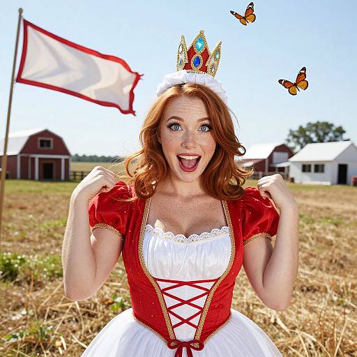 Photograph of a shocked, red-haired woman in a red and white fairy tale dress with a gold crown, surrounded by butterflies, in a sunlit
