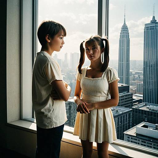 Siblings by City Window with God Rays