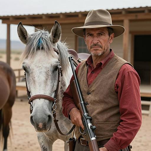 Stern Man with Rifle and Horse in Desert