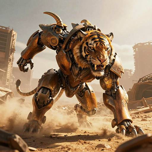 Photograph-like CGI of a robotic tiger with orange and black stripes, mechanical limbs, and armor, charging through a dusty, post-apocalyptic cityscape