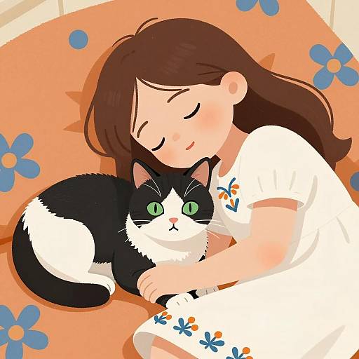 Dreamy Sleep Illustration of Girl and Cat