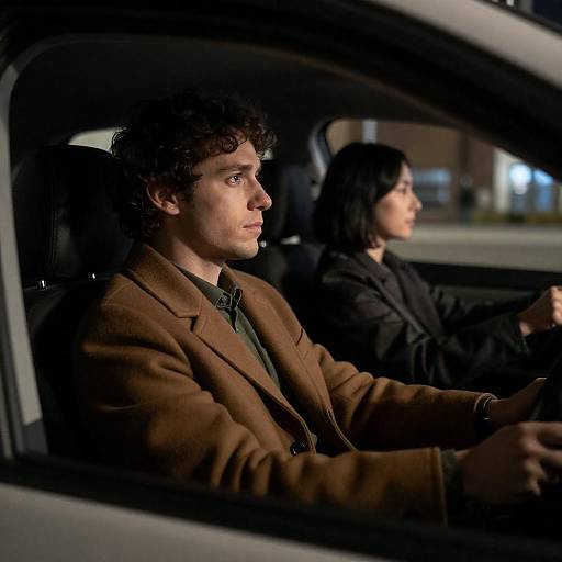 Couple Driving in Dimly Lit Car at Night