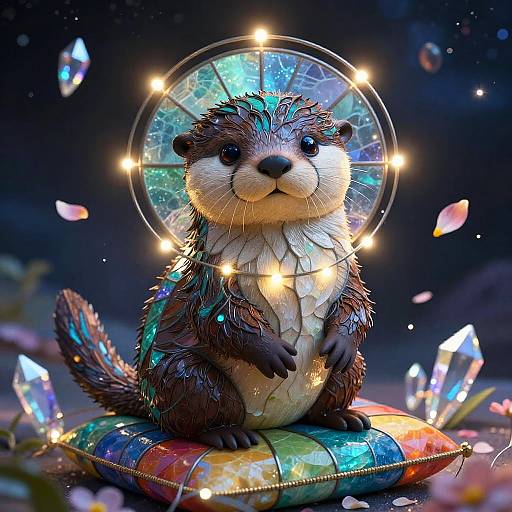 Playful Teal Otter in Cosmic Stained Glass