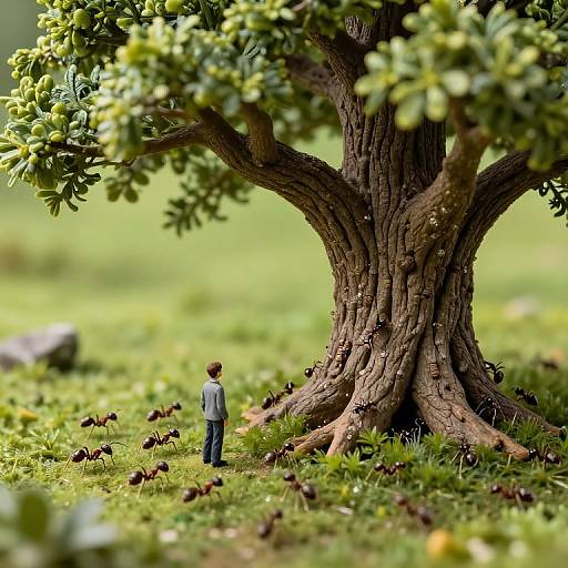 Solitary Figure Amidst Ants and Ancient Tree