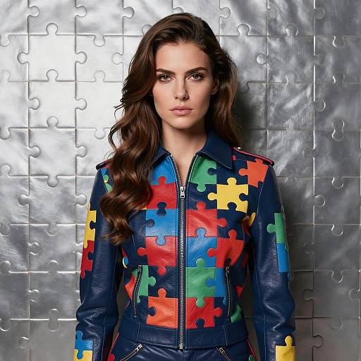 Woman in Puzzle Piece Leather Jacket