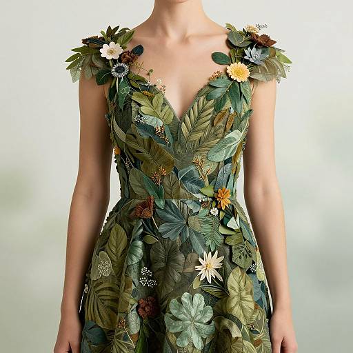 Photograph of a woman in a sleeveless, V-neck dress adorned with green leaves, flowers, and butterflies, set against a light, blurred background