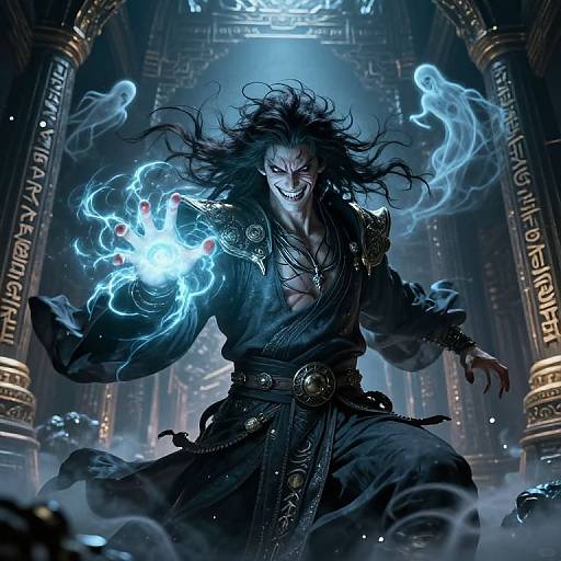 Digital artwork of a fierce, muscular, long-haired man with glowing blue energy in his hand, wearing dark robes, in a mystical, ancient temple.