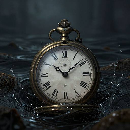 Photograph of a vintage, gold pocket watch with black Roman numerals, submerged in dark, rippling water, creating a dramatic, reflective effect.