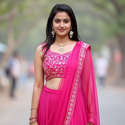 Photograph of a young Indian woman with medium brown skin wearing a vibrant pink traditional saree with white embroidery, gold jewelry, and a confident smile,
