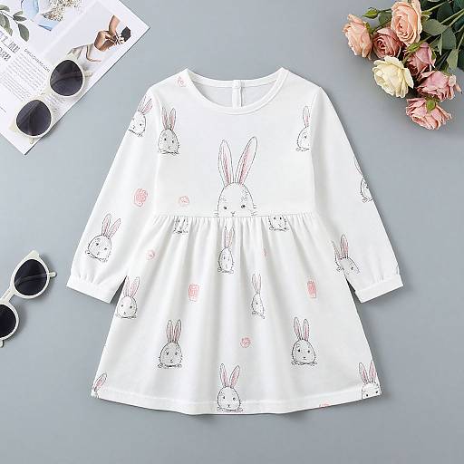 Photograph of white bunny-patterned dress with short sleeves, surrounded by sunglasses, magazine, and pink roses on a light gray surface.