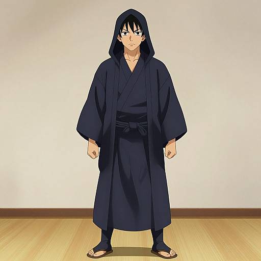Anime-style digital drawing of a tall, black-haired man with blue eyes, wearing a dark blue kimono and wooden sandals, standing on a wooden floor