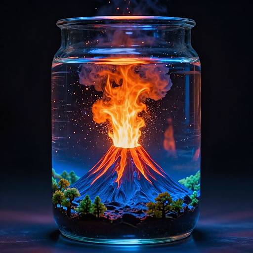Photograph of a glass jar with a vibrant, orange volcanic fire burning inside, surrounded by water, moss, and small plants.