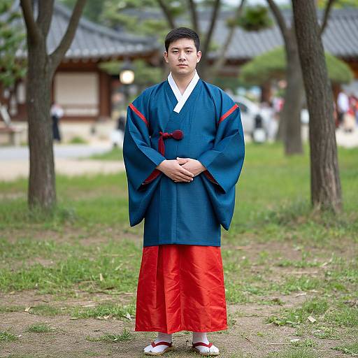 Photograph of young Asian man in traditional blue and red Korean hanbok, standing in grassy park with trees and traditional buildings in the background.