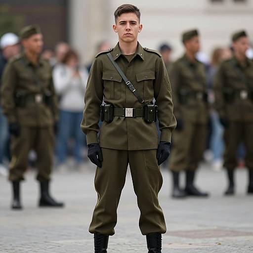 Photograph of a young, serious-looking male soldier in olive green military uniform with black gloves, belt, and strap, standing in a blurred urban street