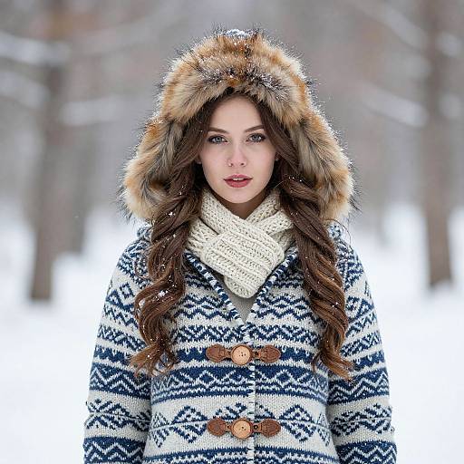 Winter Portrait of Woman in Fur Hood