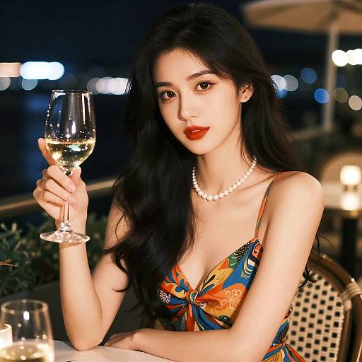 Elegant Asian woman with long black hair, red lipstick, pearl necklace, and colorful dress, holding a glass of white wine at a nighttime outdoor restaurant