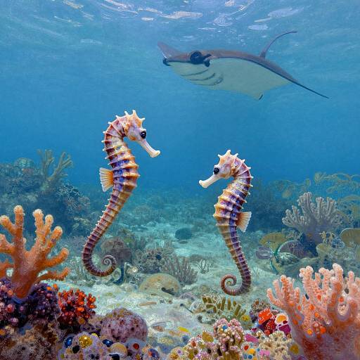 Photograph of two vibrant orange-and-purple-striped seahorses facing each other underwater, with a shark in the background, surrounded by colorful coral reefs.