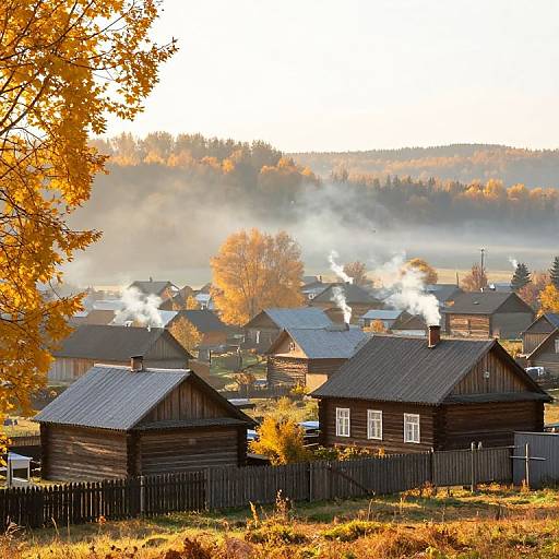 Photograph of a rustic village with wooden houses, smoke rising from chimneys, autumn leaves, and a misty sunrise backdrop.