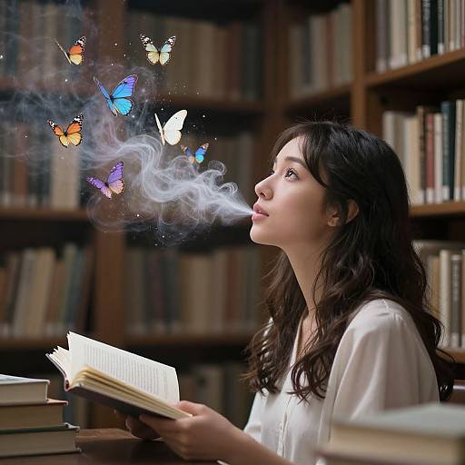 Photograph of an Asian woman with long black hair, reading in a library, surrounded by colorful butterflies and smoke, wearing a white blouse, holding an