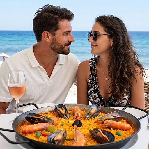Photograph of a smiling couple at a beach restaurant, with the man in a white polo and the woman in a black floral dress, enjoying paella