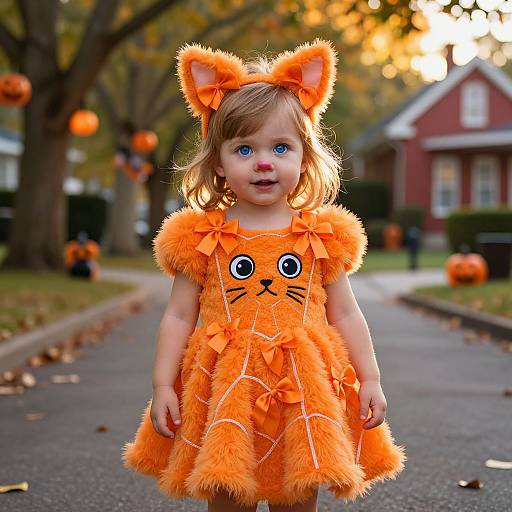 Photograph of a blue-eyed, blonde toddler in a fluffy orange cat costume with ears, standing on a suburban street at sunset. Pumpkins and autumn