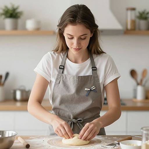 Photograph of a young woman with long brown hair, wearing a white shirt and gray apron, rolling dough on a kitchen counter. Bright, modern