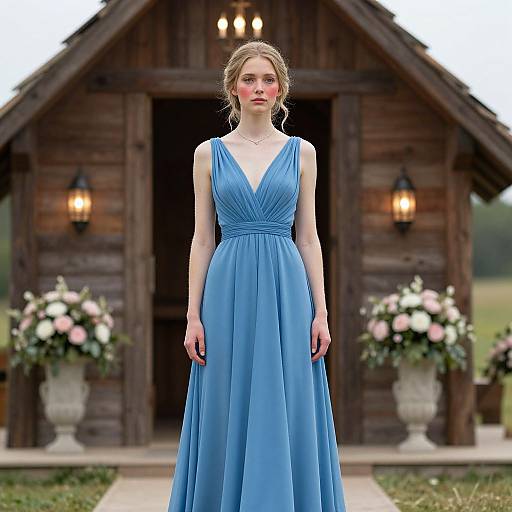 Photograph of a blonde woman in a flowing blue evening gown standing in front of a wooden cottage with flower pots and lanterns.