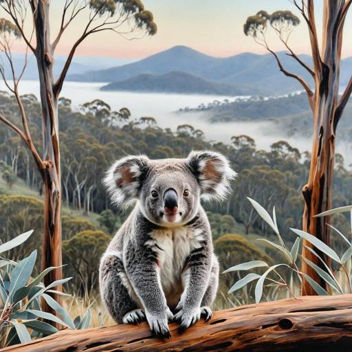 Koala on Eucalyptus Log with Misty Hills Koala on Eucalyptus Log with Misty Hills