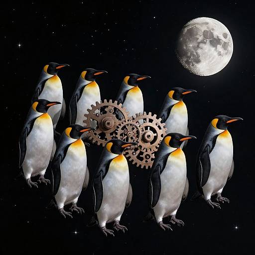 Digital artwork of nine penguins with orange-yellow necks and black-white bodies, standing around interlocking gears, under a full moon in a starry
