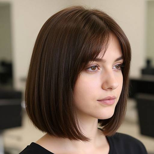 Photograph of a young woman with fair skin, straight dark brown bob haircut, brown eyes, and black top, softly smiling. Blurred indoor background