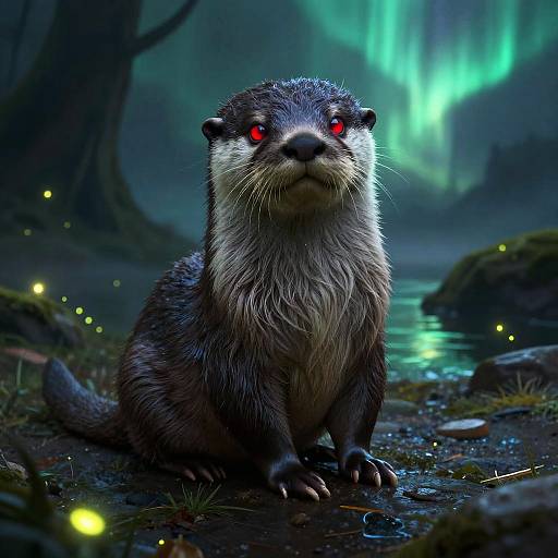 Fluffy Anthro Otter with Glowing Red Eyes in Mystical Cave