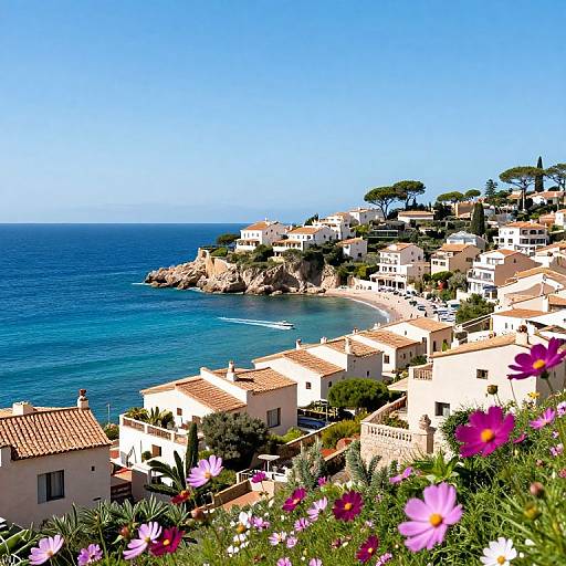 Photograph of a sunlit Mediterranean coastal village with white houses, red-tiled roofs, pink flowers in foreground, and a clear blue sea under a