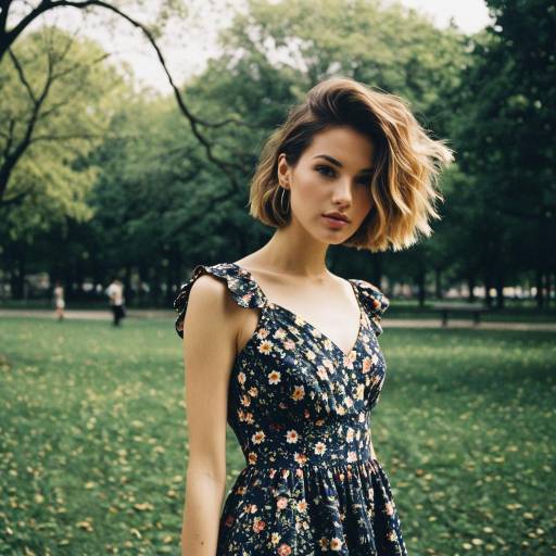 Young Woman with Textured Crop Hairstyle in Floral Dress