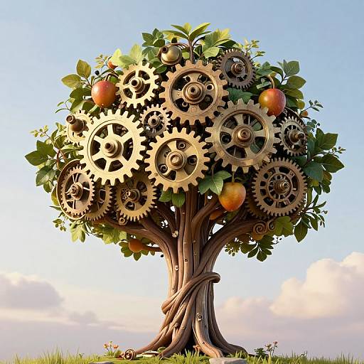 Photorealistic digital art: Tree with green leaves, orange apples, and interlocking gears as branches, set against a clear blue sky.