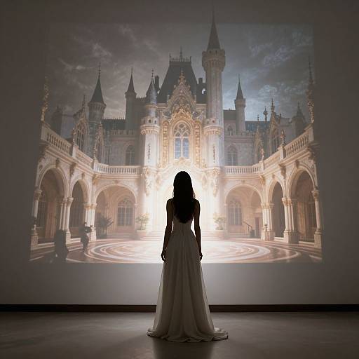 Silhouetted woman in a long, flowing white gown stands before a projected, grand gothic castle on a dark wall.