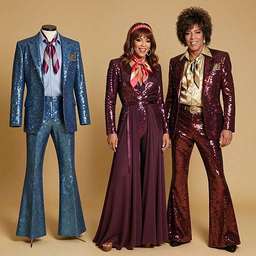 Photograph of two people in shiny, glittery 1970s-inspired outfits: woman in purple sequin dress and red headband, man in