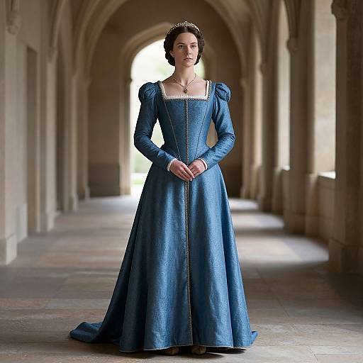 Photograph of a woman in a blue, medieval-style gown with puffed sleeves, standing in a stone hallway with arches. She wears a jew