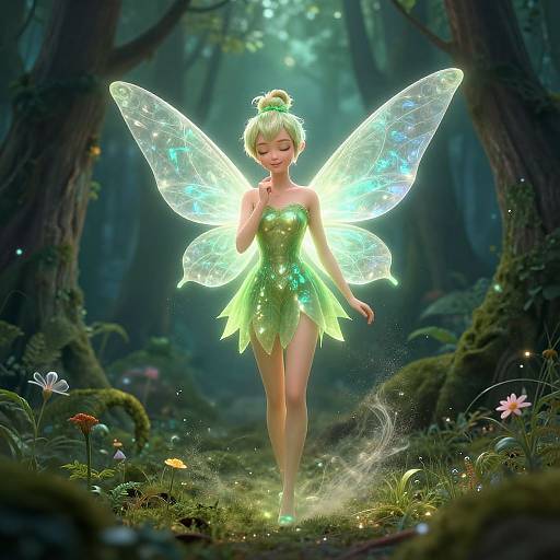 Digital artwork of a glowing fairy with green hair, translucent wings, and a leafy dress, walking through a magical forest.