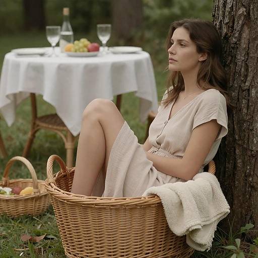 Serene Woman in Wicker Basket Outdoors