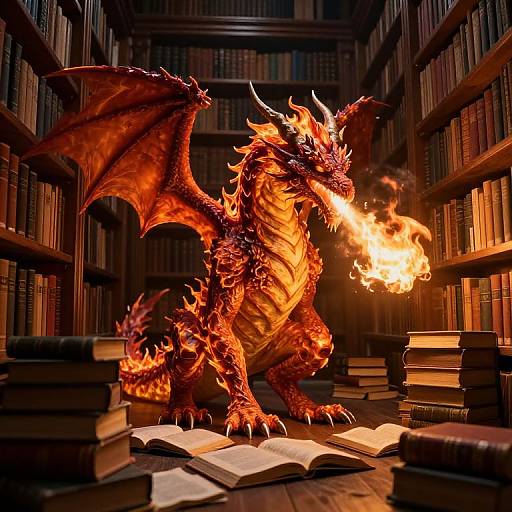 Photorealistic digital art of a fiery red dragon with glowing eyes, breathing fire, standing on a library floor filled with books.