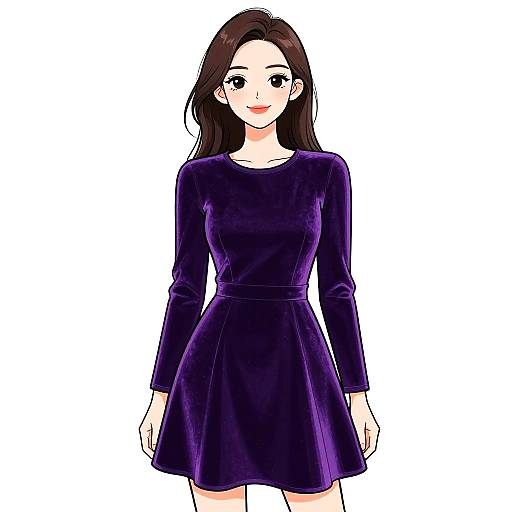 Digital anime-style drawing of a smiling young woman with long brown hair, wearing a long-sleeved, dark purple, A-line dress, against a
