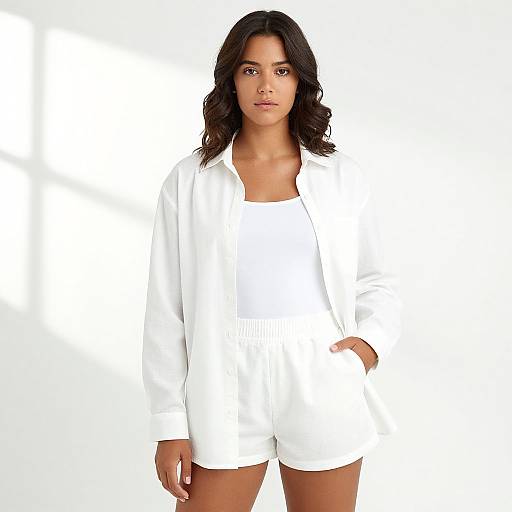 Photograph of a young woman with medium brown skin and wavy black hair, wearing a white oversized shirt and shorts, standing against a white background,