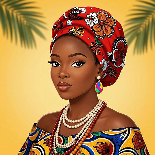 Digital illustration of a dark-skinned African woman with a red floral headwrap, colorful dress, pearl and bead necklaces, and teardrop earrings